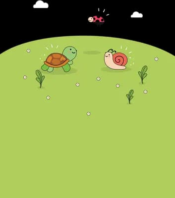 Snail and turtle on a green hill