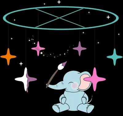 Elephant beneath a hanging baby mobile