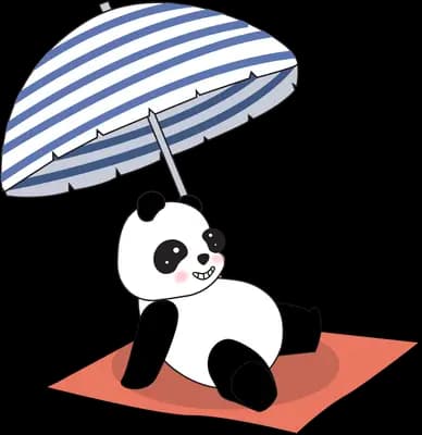 Panda sunbathing under a striped parasol