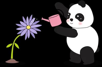 Panda watering a tall purple flower