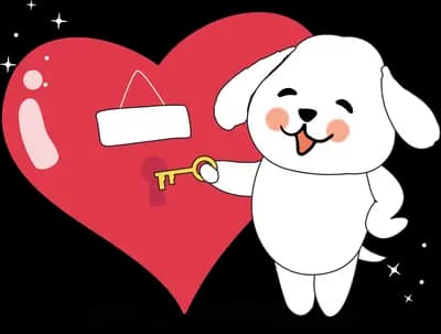 Dog beside a red heart with a key and lock