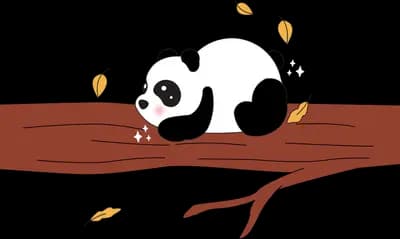 Panda draped over a branch with falling leaves