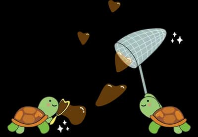 Two turtles under falling umbrella shapes