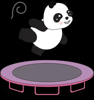 Panda bouncing high off a pink trampoline