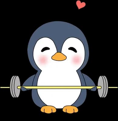 Penguin lifting a barbell overhead with a heart above