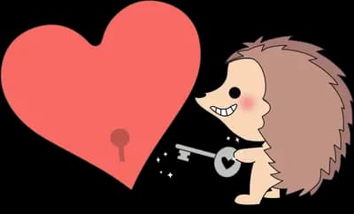 Hedgehog holding a key up to a red heart with a keyhole