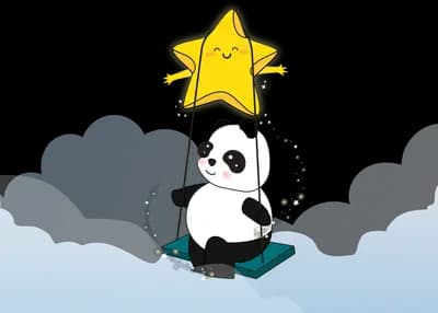 Panda swinging on a swing hung from a smiling star above the clouds