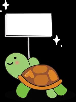 Small turtle carrying a blank signboard on its back across an empty field
