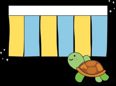 Turtle walking past a striped yellow and blue banner