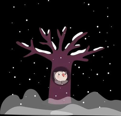 Owl peeking out of a hollow in a bare purple tree