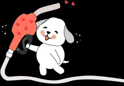 White puppy hugging a red fuel pump nozzle with hearts above