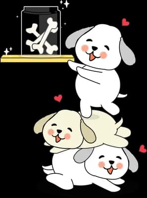 Four puppies piled in a stack with the top one balancing a plank of bones