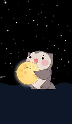 Owl hugging a yellow moon behind a dark ledge under falling stars