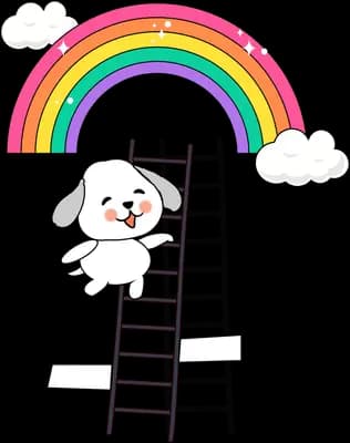 White puppy climbing a ladder up toward a rainbow