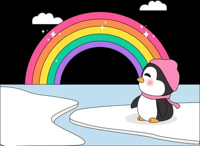 Penguin in a pink hood standing on snow beside a stream under a rainbow