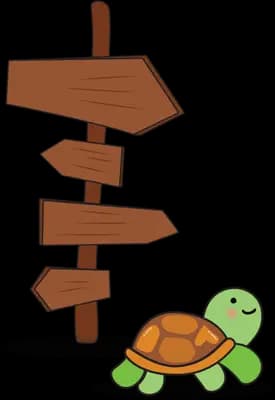 Turtle standing beside a wooden signpost with several direction arrows