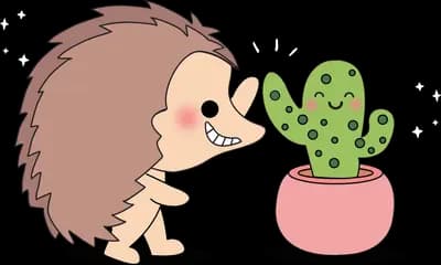Hedgehog leaning nose to nose with a smiling potted cactus