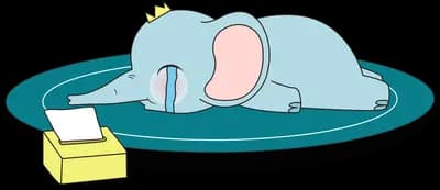 Baby elephant lying in bed with a thermometer and a tissue box nearby