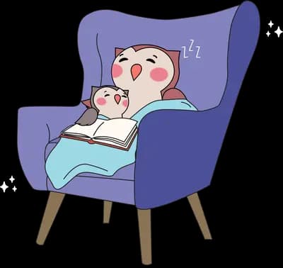 Mother owl and baby owl asleep under a blanket in a purple armchair with an open book