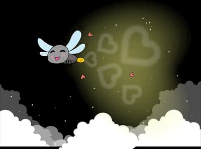 Firefly hovering beside a large soft yellow glow