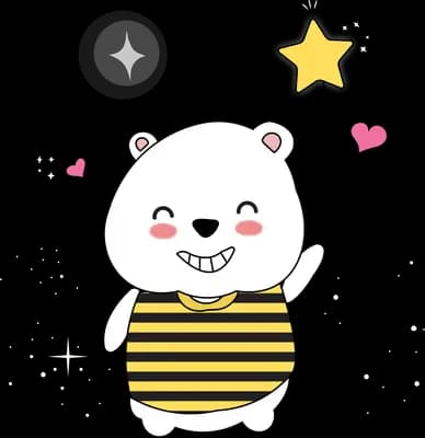 White bear in a bee costume holding up a yellow star