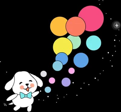 White puppy in a bow tie blowing a stream of colourful bubbles