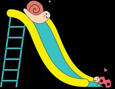 Snail sliding down a playground slide while a ladybug waits at the bottom