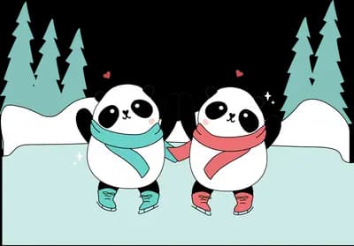 Two pandas in red scarves facing each other with hearts in a snowy pine landscape