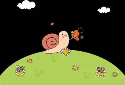 Snail crawling over a green grassy mound with flowers under drifting clouds