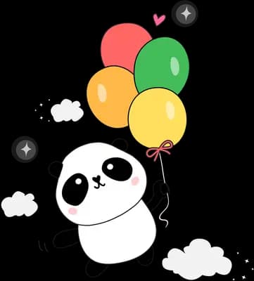 Panda floating up among clouds holding colourful balloons