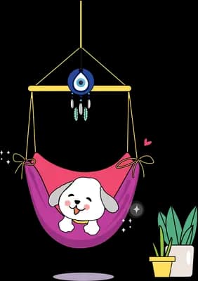 White dog resting in a hanging pink hammock swing beside a potted plant