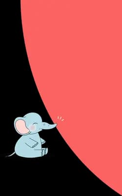 Small elephant in pyjamas sitting at the foot of a large red curved sail