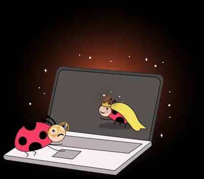 Ladybug and snail beside a laptop in the dark as a small figure emerges from the screen