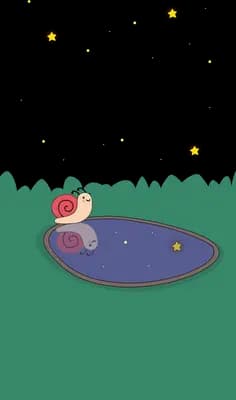 Snail floating on a dark pond inside a green field with glowing dots above