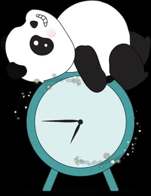 Panda draped sleepily over a large teal alarm clock