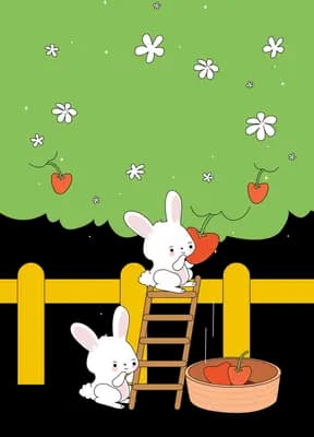 Two white rabbits climbing a ladder over a yellow fence toward an apple tree