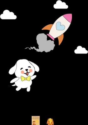 White dog in a bow tie watching a rocket climb through the clouds