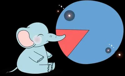 Elephant sitting face to face with a big blue open-mouthed circle