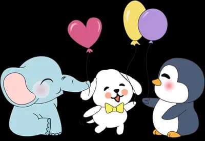 Elephant dog and penguin standing together holding heart and round balloons