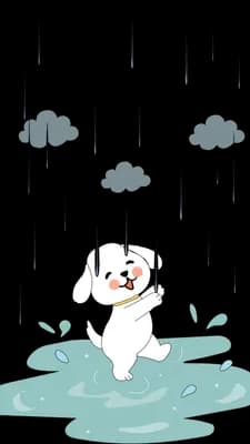 White dog sitting in a puddle under falling rain and a cloud