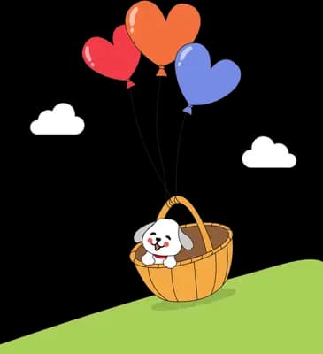 Small dog riding a wicker basket lifted by heart balloons over a green hill