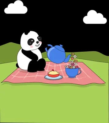Panda pouring tea at a picnic blanket spread on a green lawn