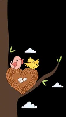 Two small birds beside a heart-shaped nest of eggs on a tree trunk