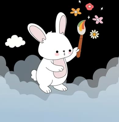White rabbit holding a lit sparkler among clouds and drifting leaves