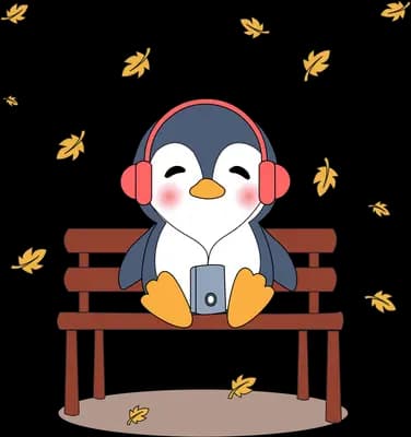 Penguin in headphones sitting on a wooden bench as autumn leaves fall
