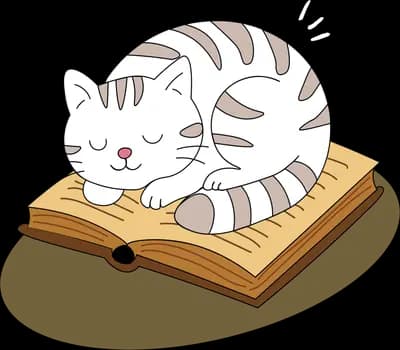 Grey striped cat asleep on an open book