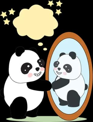 Panda looking into a mirror at its reflection with a starry thought bubble