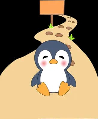 Penguin sitting at the foot of a sandy path leading up to a signpost