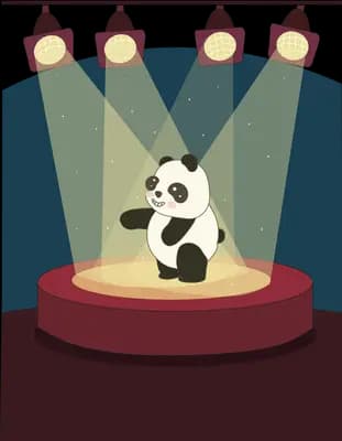 Panda standing on a round red stage under spotlights