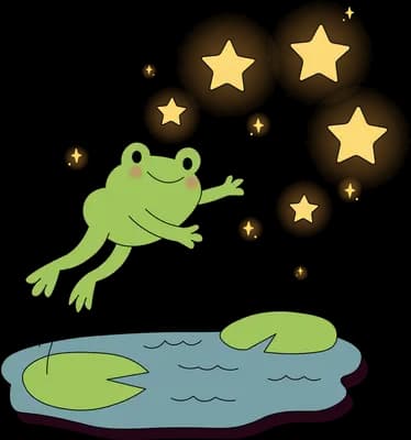Green frog leaping from a lily pad over a pond amid golden stars